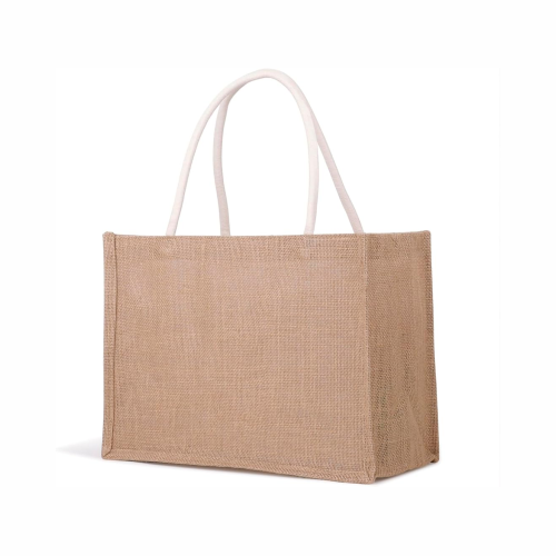 Bolsa de yute natural con asas largas de algodón.